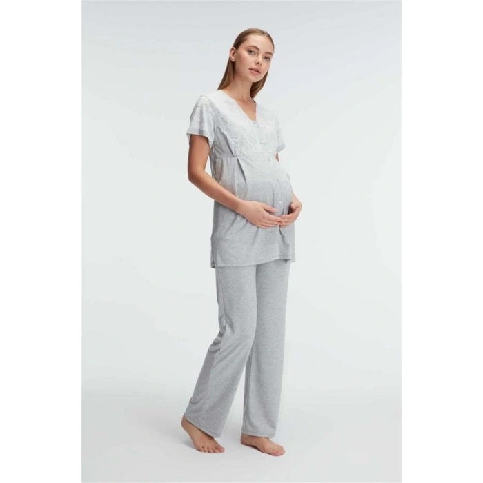 AMORA SECRET KISA KOL V YAKA KADIN POLYESTER ELASTAN YAZLIK ÖRME DANTEL DETAYLI HAMILE PIJAMA TAKIMI