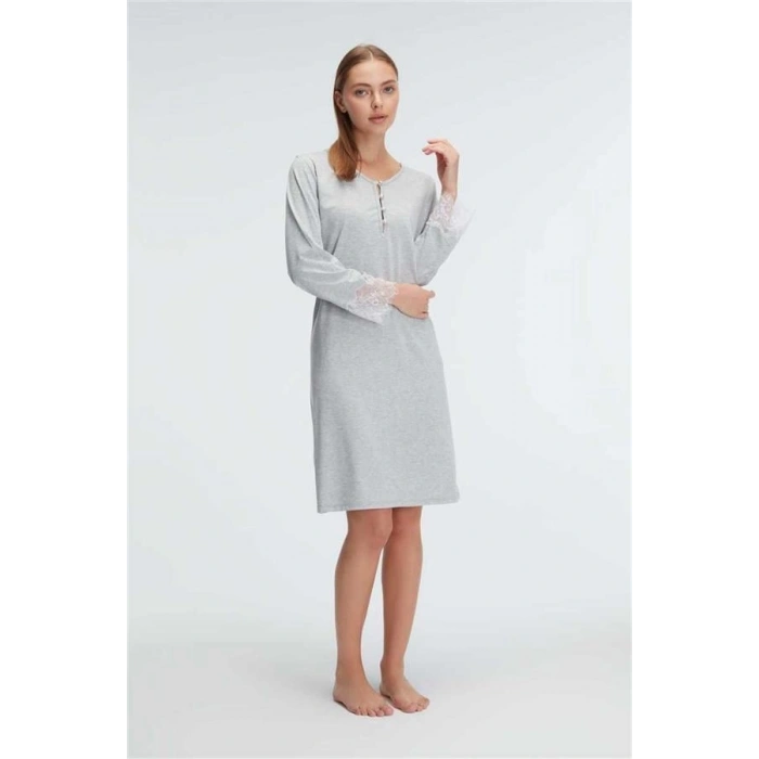 AMORA SECRET KOL V YAKA KADIN POLYESTER ELASTAN DÜZ YAZLIK ÖRME NORMAL BEL MINI DANTEL DETAYLI GECELIK