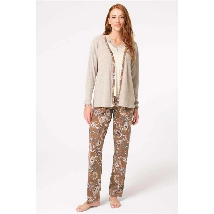 AMORA SECRET KALIN ASKILI V YAKA VISKON ÇIÇEK DESENLI KIŞLIK ÖRME NORMAL BEL DÜĞMELI DANTEL DETAYLI PIJAMA TAKIMI SABAHLIK