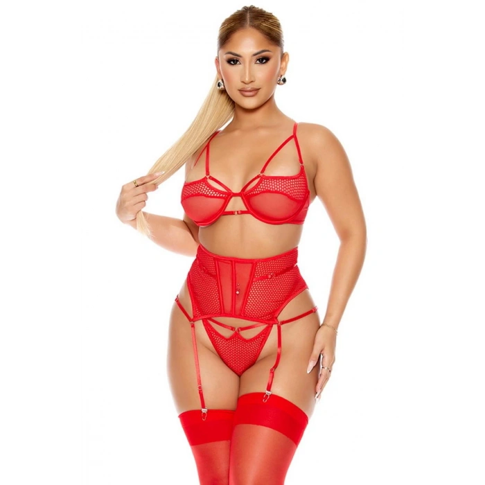Amora Secret Kadın Fantazi İç Giyim Fantezi File Tül Detaylı Kırmızı Jartiyer Takım - Şehvetli ve Zarif Tasarım