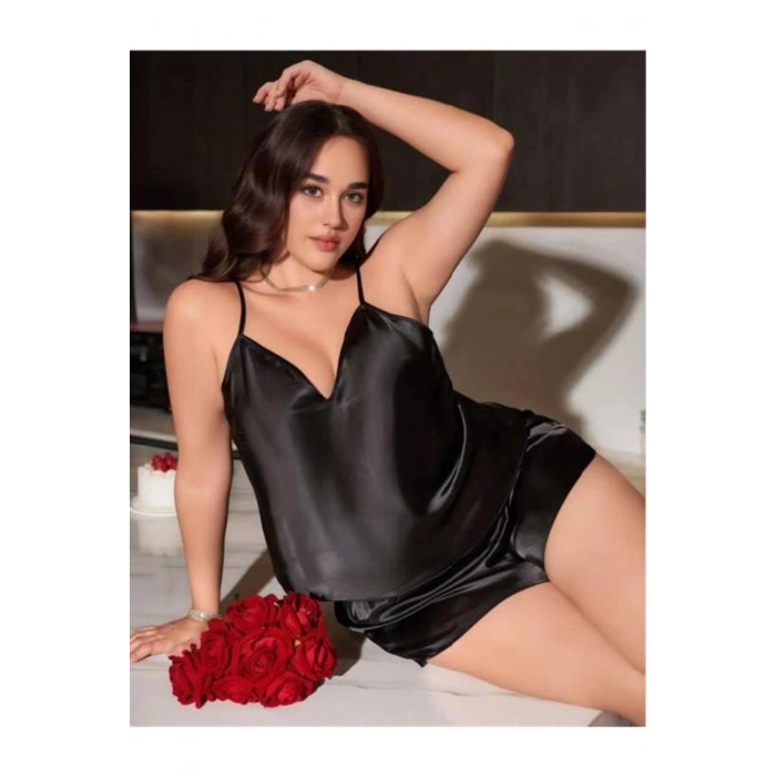 Büyük Beden Siyah Saten Şortlu Takım