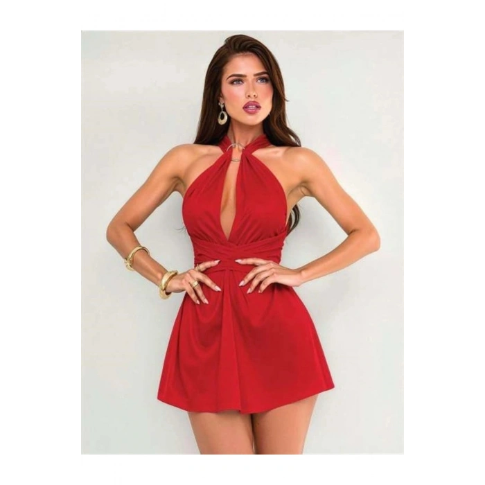 Özel Şık Tasarım Kırmızı Göğüs Dekolteli Boyundan Bağlamalı Mini Club Elbisesi