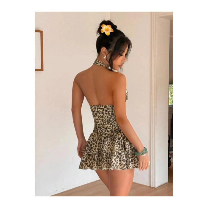 Özel Şık Tasarım Leopar Desenli Fırfırlı Mini Club Elbisesi