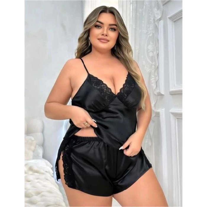 Amora Secret  Büyük Beden Siyah Yırtmaç Dantel İşlemeli Saten Şortlu Takım