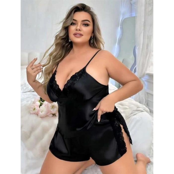 Amora Secret  Büyük Beden Siyah Yırtmaç Dantel İşlemeli Saten Şortlu Takım