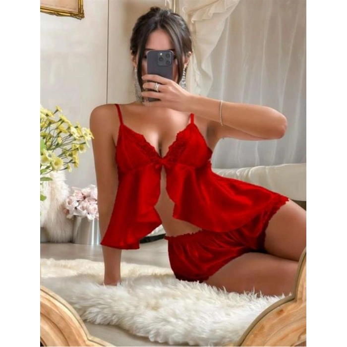 Amora Secret  Kırmızı Dantel İşlemeli İnce Askılı Saten Şortlu Takım