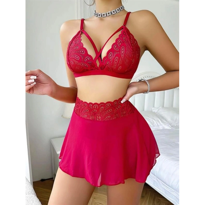 Amora Secret  Kırmızı Dantel İşlemeli Etekli Fantezi Sütyen Takımı Kadın İç Giyim Rahat Kullanım