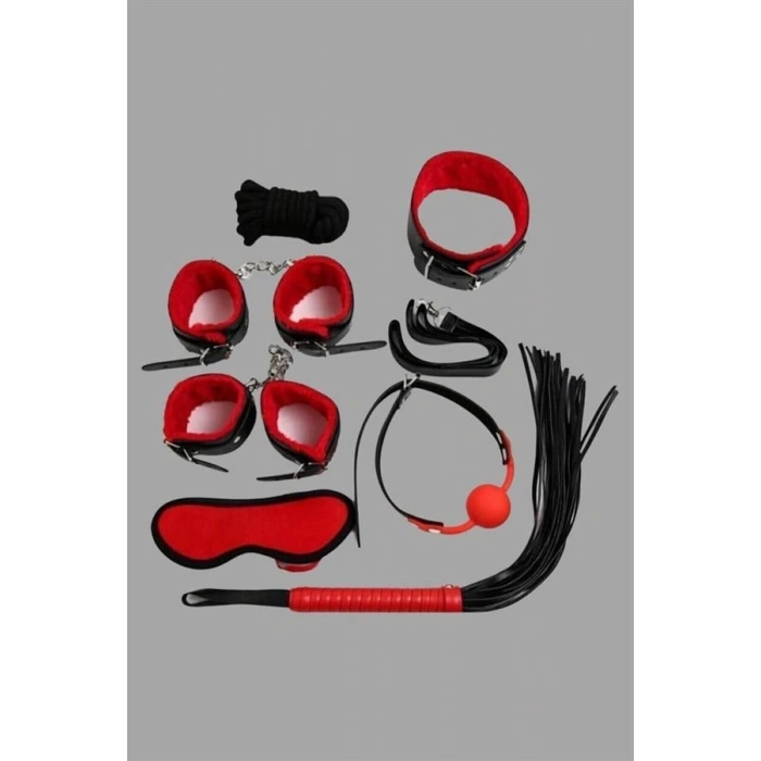 Amora Secret  Kırmızı/siyah İçi Tüylü Deri 7li Harness Set Kadın İç Giyim Şık Tasarım