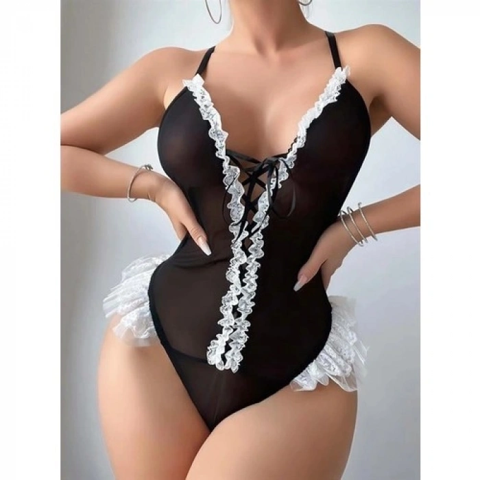 Amora Secret Siyah Dantel Işlemeli Sırt Dekolteli Fantezi Body