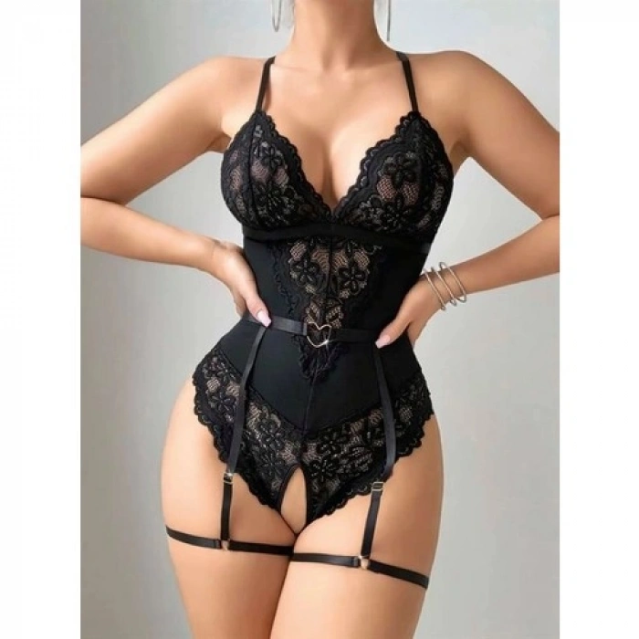 Amora Secret Siyah Özel Bölgesi Açık Dantel Işlemeli Jartiyer Görünümlü Fantezi Body