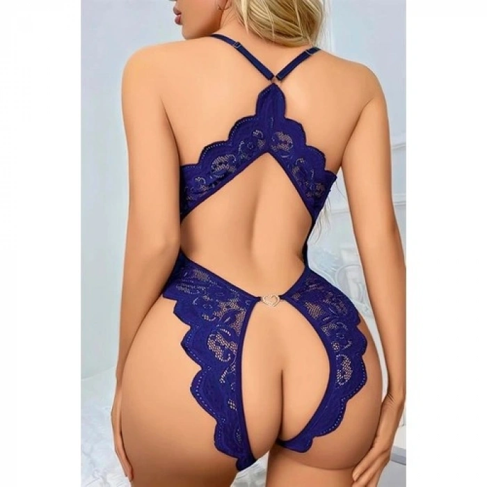 Amora Secret Mavi Özel Bölgesi Açık Dantel Işlemeli Fantezi Body