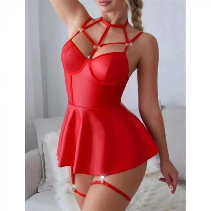 Amora Secret  Kırmızı Fantezi Parlak Deri Şık Club Elbise