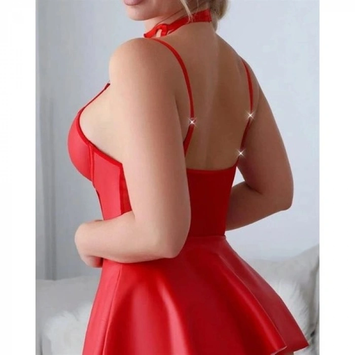 Amora Secret  Kırmızı Fantezi Parlak Deri Şık Club Elbise
