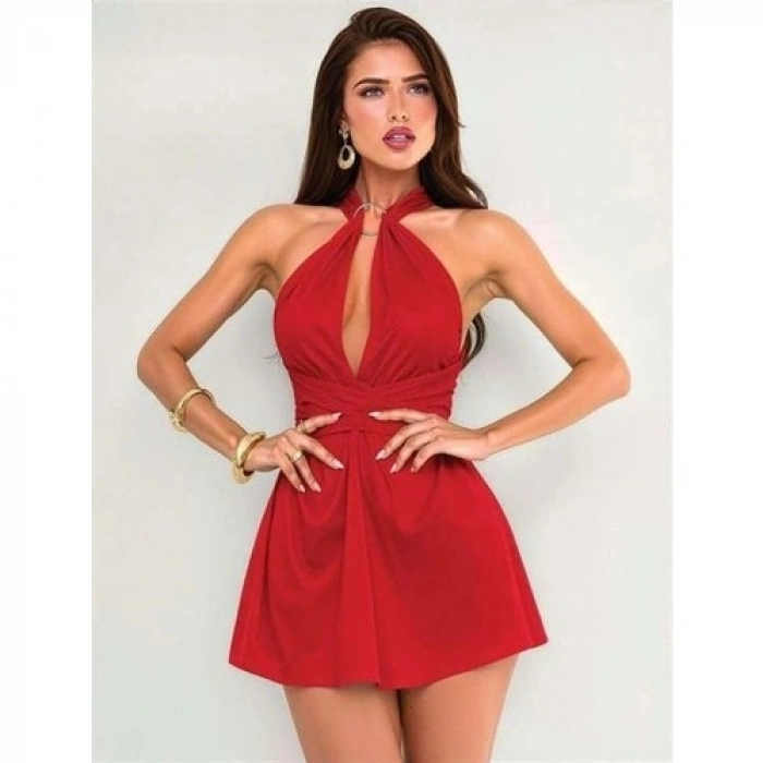 Amora Secret  Özel Şık Tasarım Kırmızı Göğüs Dekolteli Boyundan Bağlamalı Mini Club Elbisesi