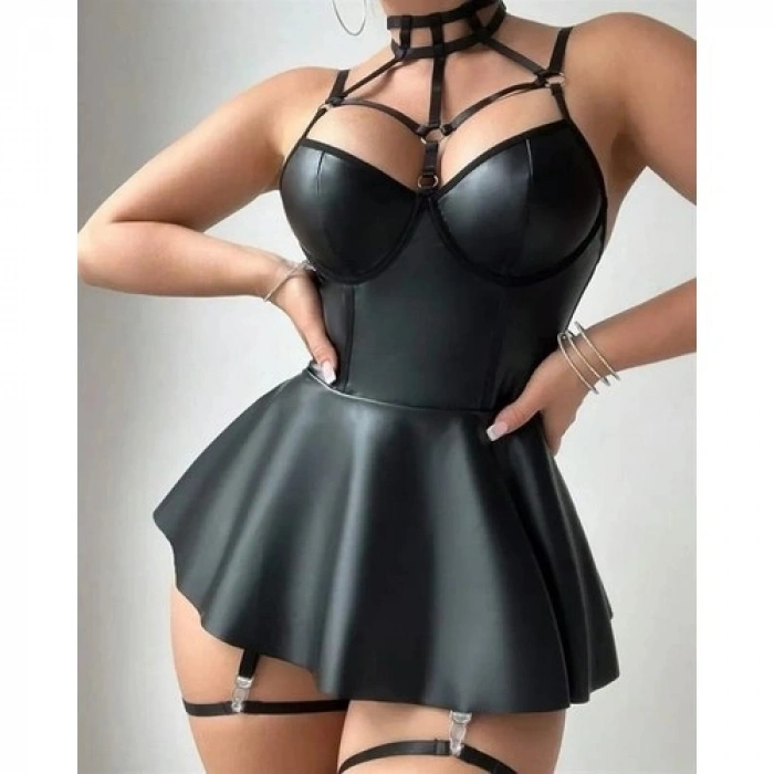 Amora Secret  Siyah Fantezi Parlak Deri Şık Club Elbise