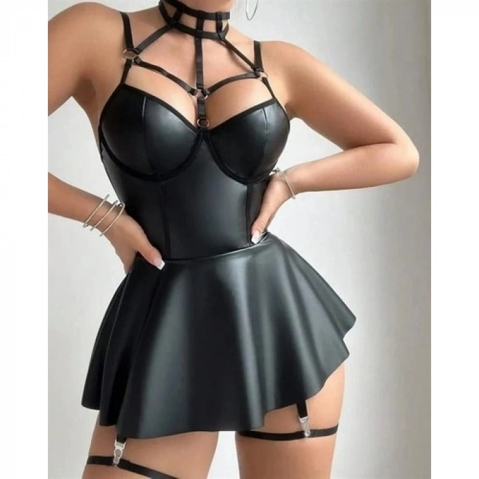 Amora Secret  Siyah Fantezi Parlak Deri Şık Club Elbise