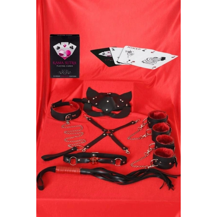 Amora Secret  Sexy Görselli Oyun Kartı Kama Sutra 7li Kırmızı Siyah Harness Set