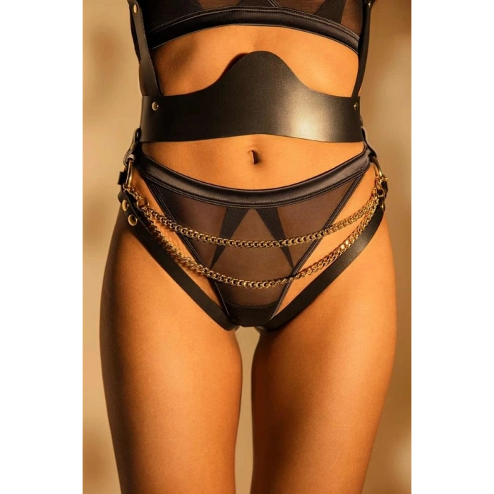 Amora Secret  Siyah Zincir Aksesuarlı Fantezi Deri Vücut Harness