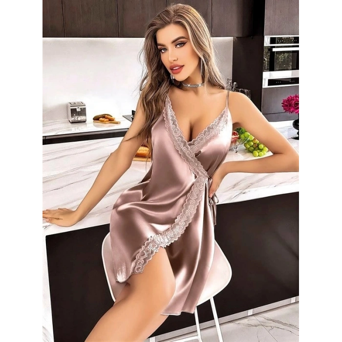 Amora Secret  Dantel Kenarlı İnce Askılı Vizon Mini Saten Gecelik