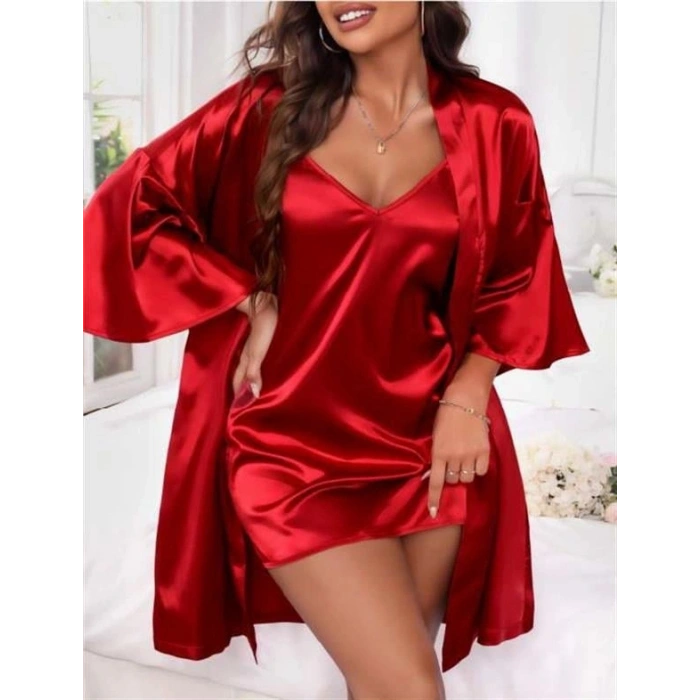 Amora Secret  İnce Askılı Kırmızı Saten 2li Gecelik Sabahlık Takımı
