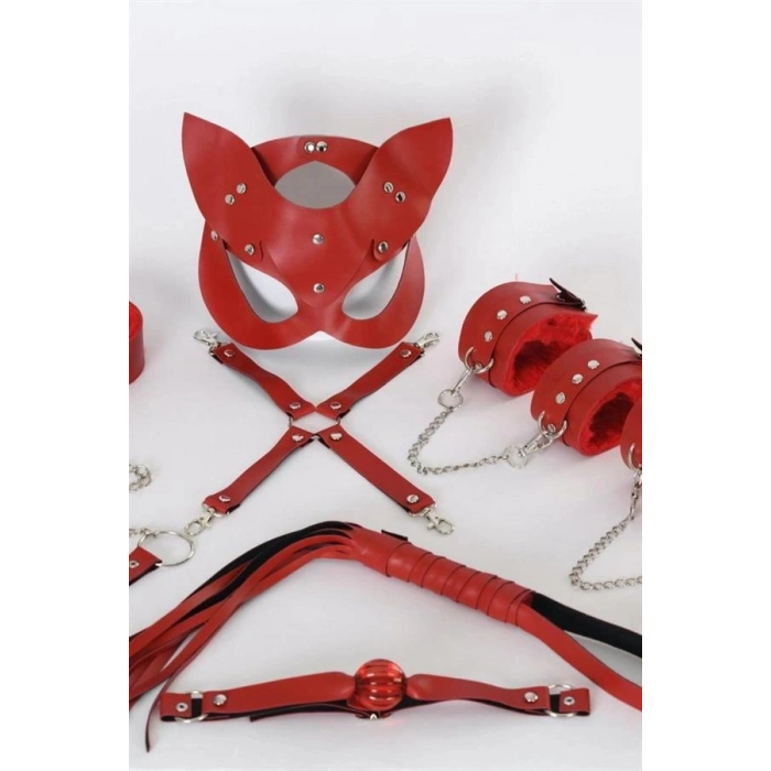 Amora Secret  Kırmızı İçi Tüylü Maske,kol,bacak,ağız Topu,kırbaç,tasma Harness Set