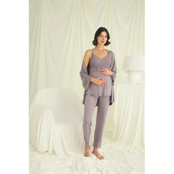 Amora Secret  Dantelli Hamile Lohusa 3lü Pijama Takımı