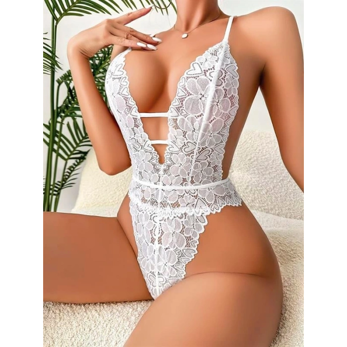 Amora Secret  Beyaz Dantel İşlemeli Göğüs Dekolteli Fantezi Body