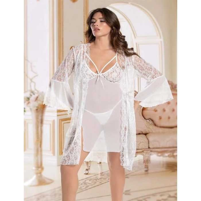 Amora Secret  Beyaz Transparan Dantel İşlemeli Tül Yırtmaçlı 2li Gecelik Takımı