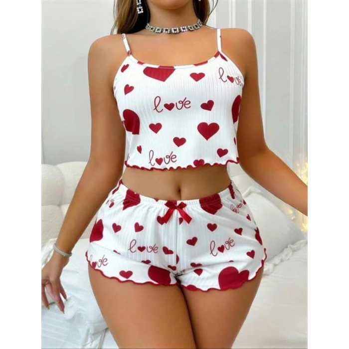 Amora Secret  Beyaz Üstüne Kırmızı Kalp Desenli Askılı Şortlu Pijama Takımı