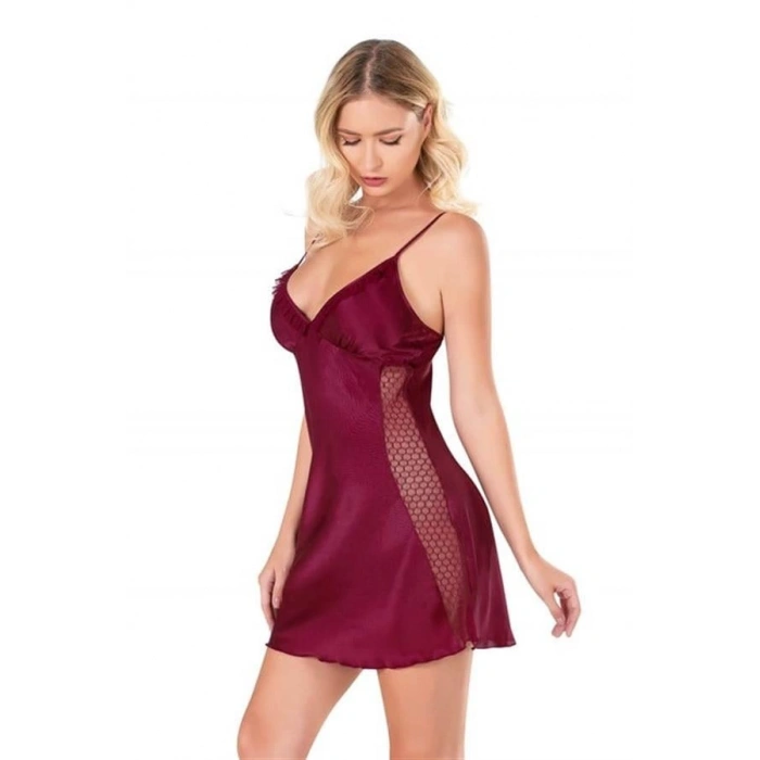 Bordo Kısa Saten Gecelik Bordo