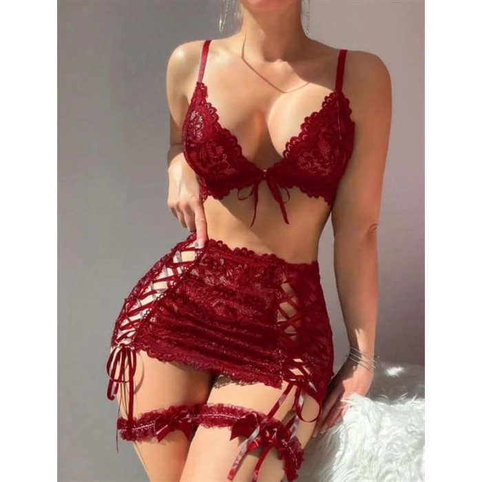 Amora Secret  Bordo Transparan Dantel İşlemeli İp Detaylı Fantezi Takım