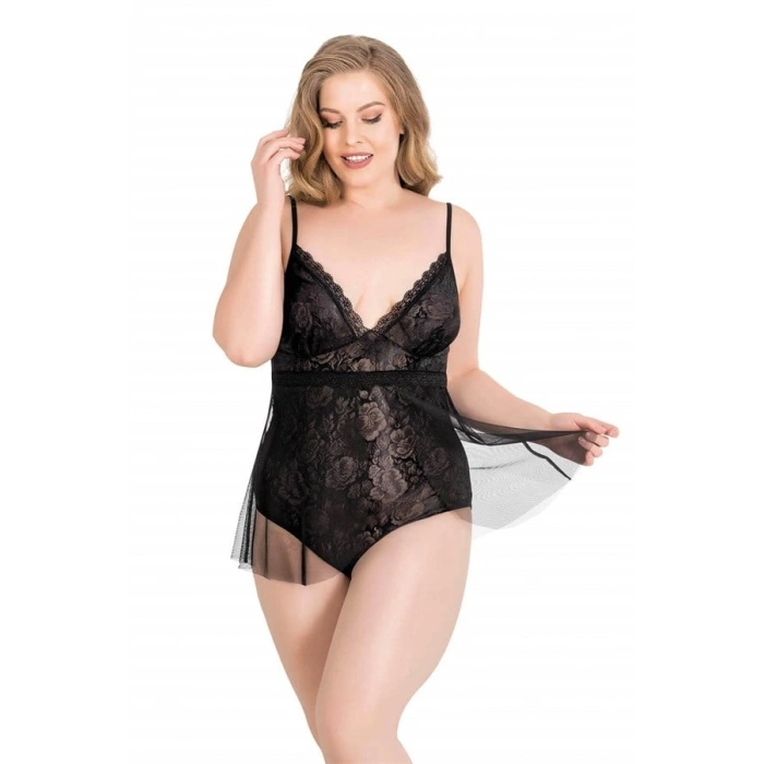 Amora Secret  Büyük Beden Siyah Bodysuit Jakarlı Gecelik