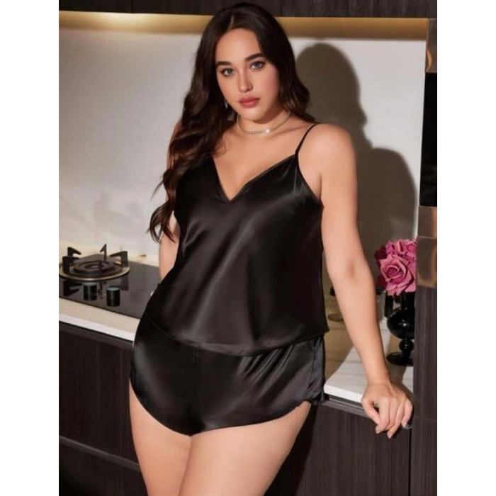 Amora Secret  Büyük Beden Siyah Saten Şortlu Takım