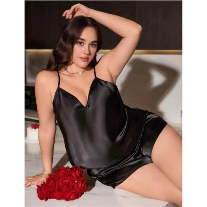Amora Secret  Büyük Beden Siyah Saten Şortlu Takım