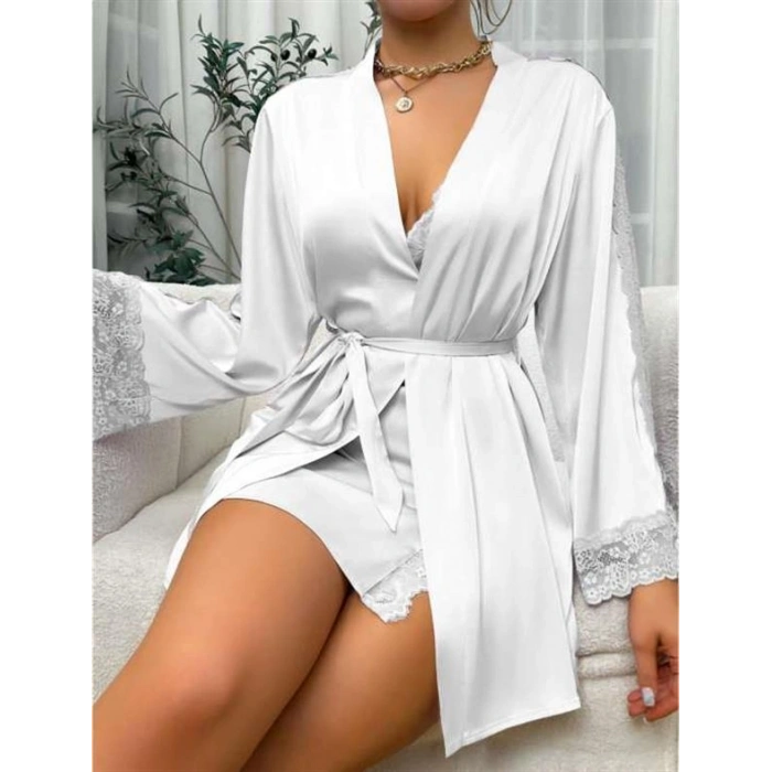 Amora Secret  Dantel İşlemeli İnce Askılı Beyaz 2li Saten Gecelik Sabahlık Takımı