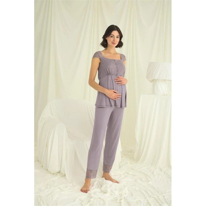 Amora Secret  Dantelli Önü Düğmeli Hamile Lohusa 3lü Pijama Takımı