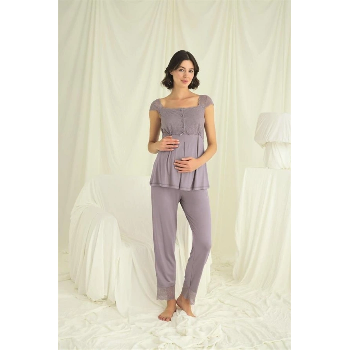 Amora Secret  Dantelli Önü Düğmeli Hamile Lohusa 3lü Pijama Takımı