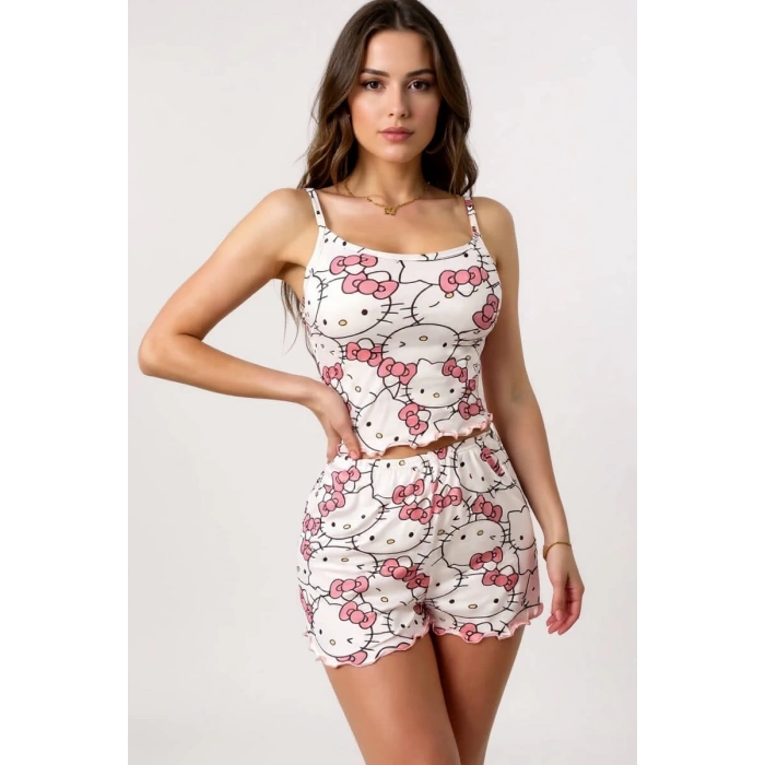 Amora Secret Hello Kitty Baskılı Askılı Şortlu Pijama Takımı