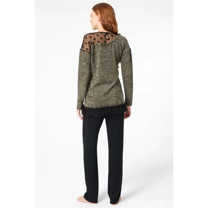 Amora Secret Kadın Fantazi İç Giyim 9084 Uzun Kol Bisiklet Yaka Polyester Elastan düz Kışlık Örme Normal Bel Transparan Tül Detaylı Pijama Takımı - Şehvetli ve Zarif Tasarım