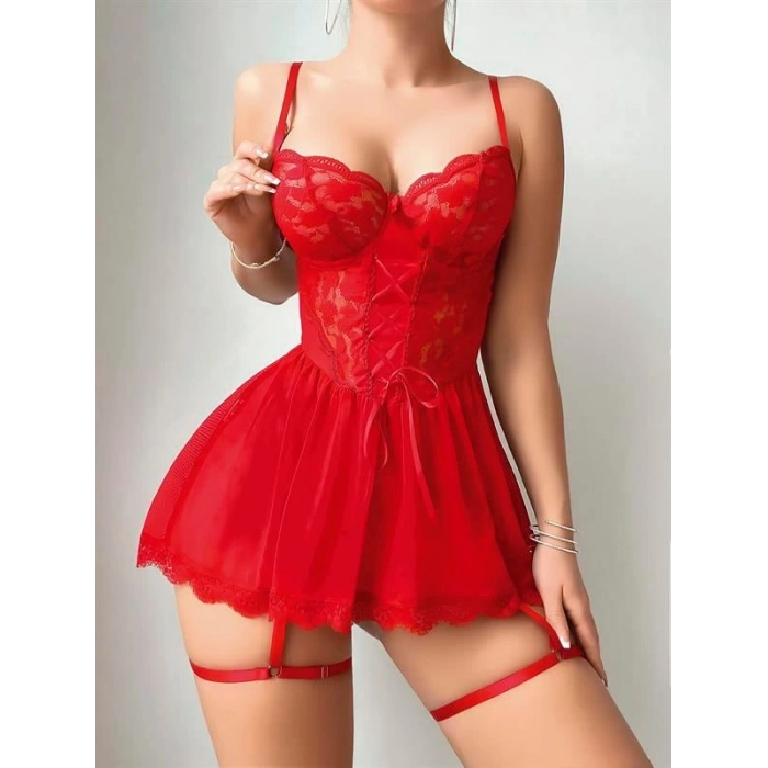 Amora Secret  Kırmızı Dantel İşlemeli Jartiyerli Fantezi Şık Gecelik