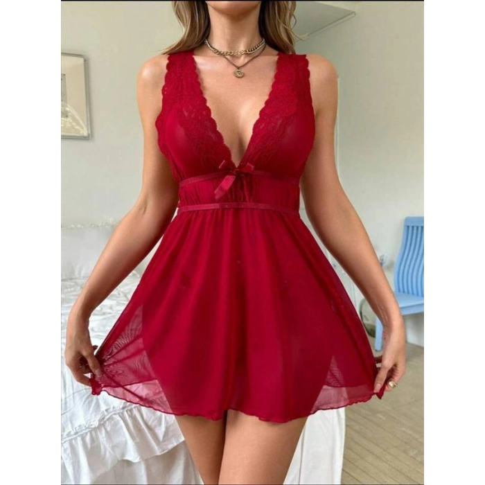 Amora Secret  Kırmızı Dantel İşlemeli Tül Fantezi Gecelik