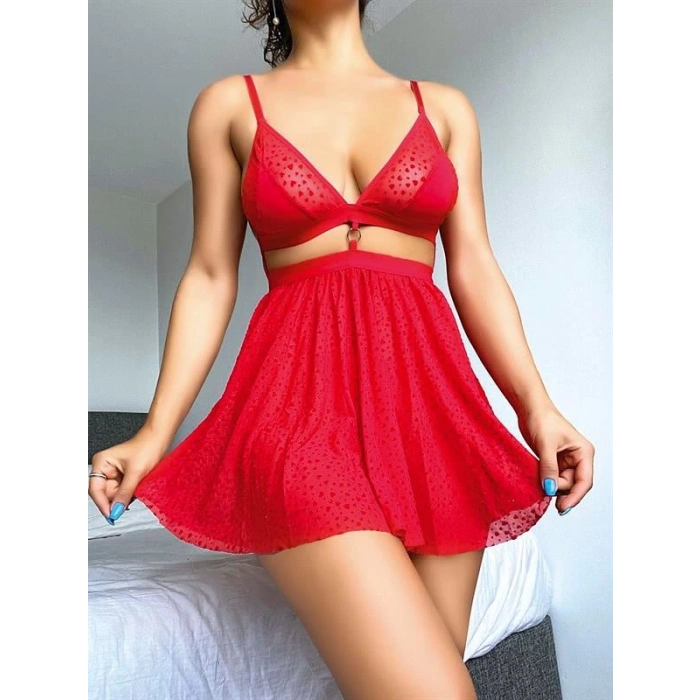 Amora Secret  Kırmızı Desenli Mini Etekli Sütyen Takımı