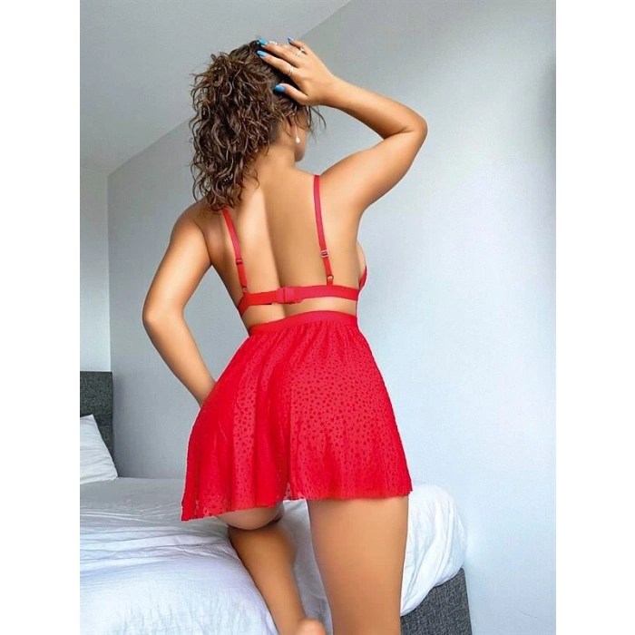 Amora Secret  Kırmızı Desenli Mini Etekli Sütyen Takımı