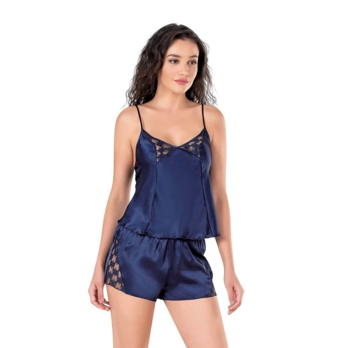 Amora Secret  Lacivert Saten Babydoll Şort Takımı