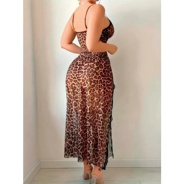 Amora Secret  Leopar Desenli Yırtmaçlı Fantezi Uzun Gecelik