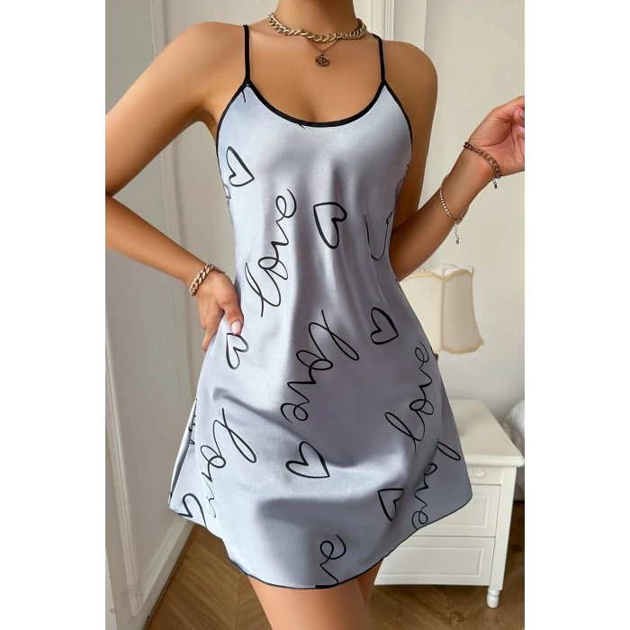 Amora Secret Love Baskılı Gri Saten Gecelik