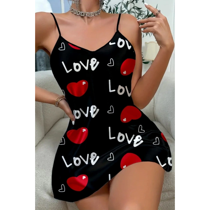 Amora Secret Love Desenli Siyah Saten Gecelik