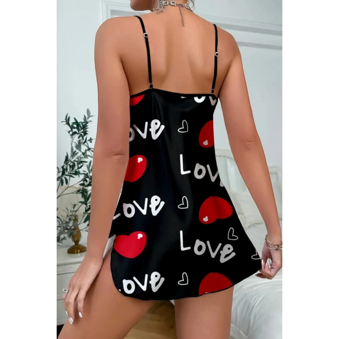 Amora Secret Love Desenli Siyah Saten Gecelik