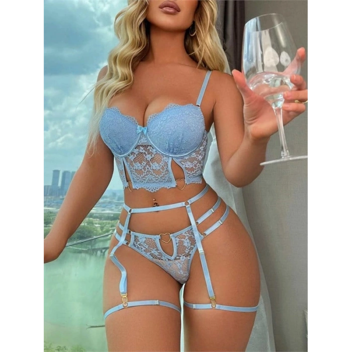 Amora Secret Mavi Dantelli Jartiyer Fantezi Seksi Büstiyer Takımı