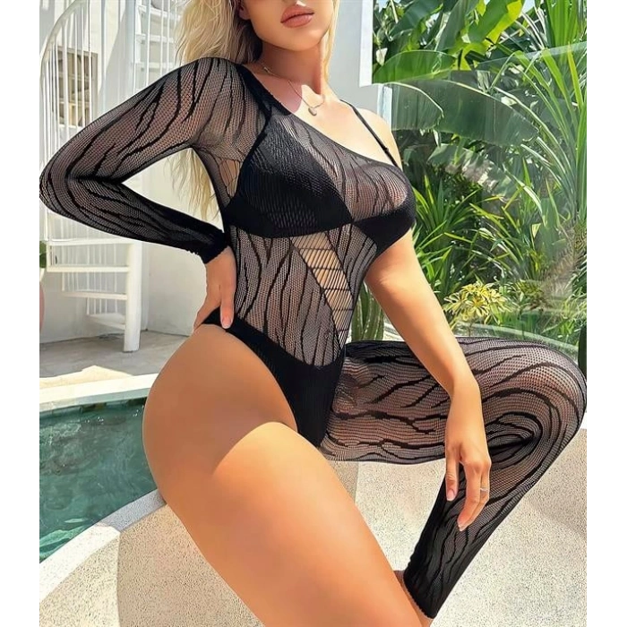 Amora Secret  Özel Tasarım Siyah Tek Kol Tek Bacak Fantezi Vücut Çorabı